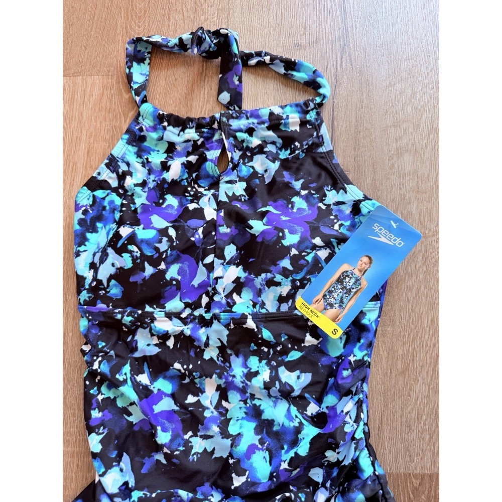 Speedo High Neck Keyhole One Piece Swimsuit Sz Small Abstract Beach Vacation NWT - Picture 3 of 8
